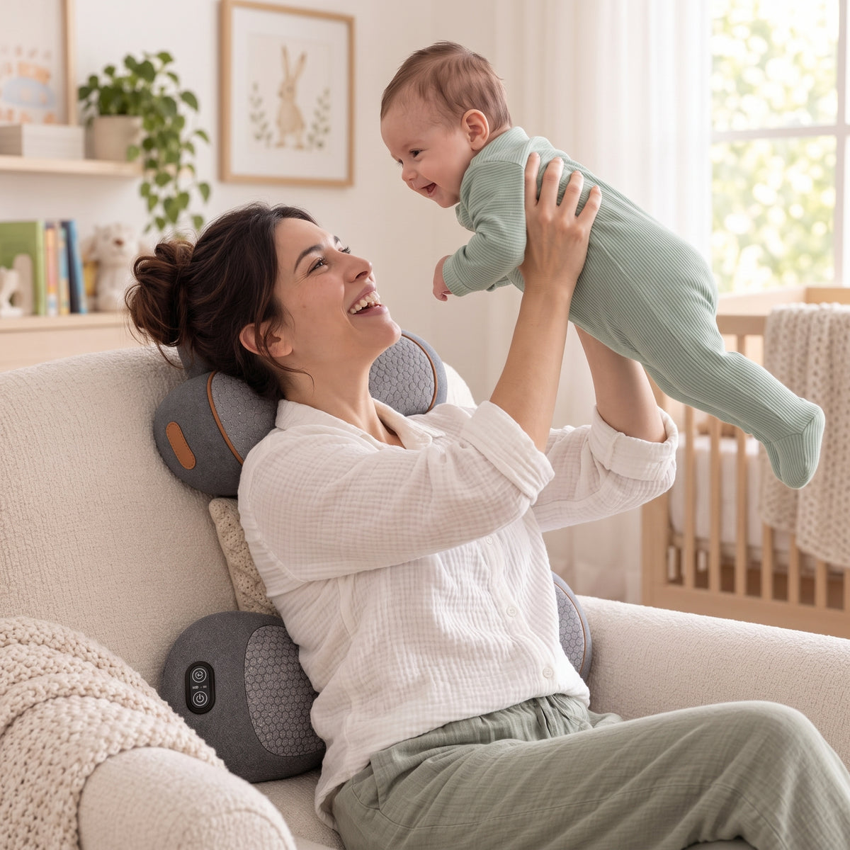 A mother lifts her baby while MamaEase supports her neck and CarryEase supports her lower back.