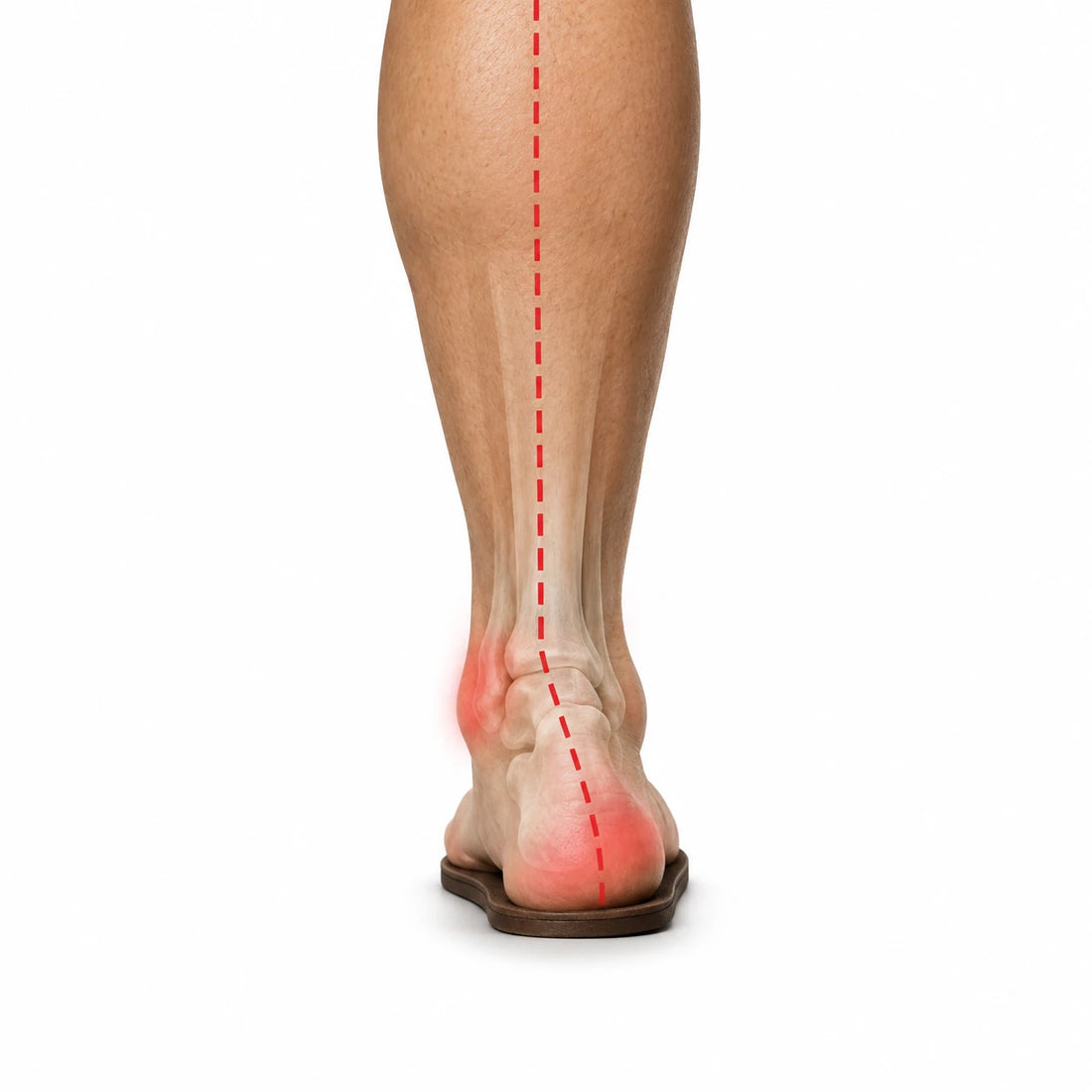 Illustration of an inward-rolling ankle on an unsupported sole, with a red alignment line