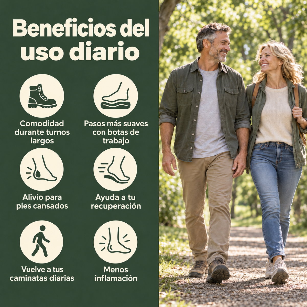 Beneficios del uso diario junto a una pareja que camina al aire libre