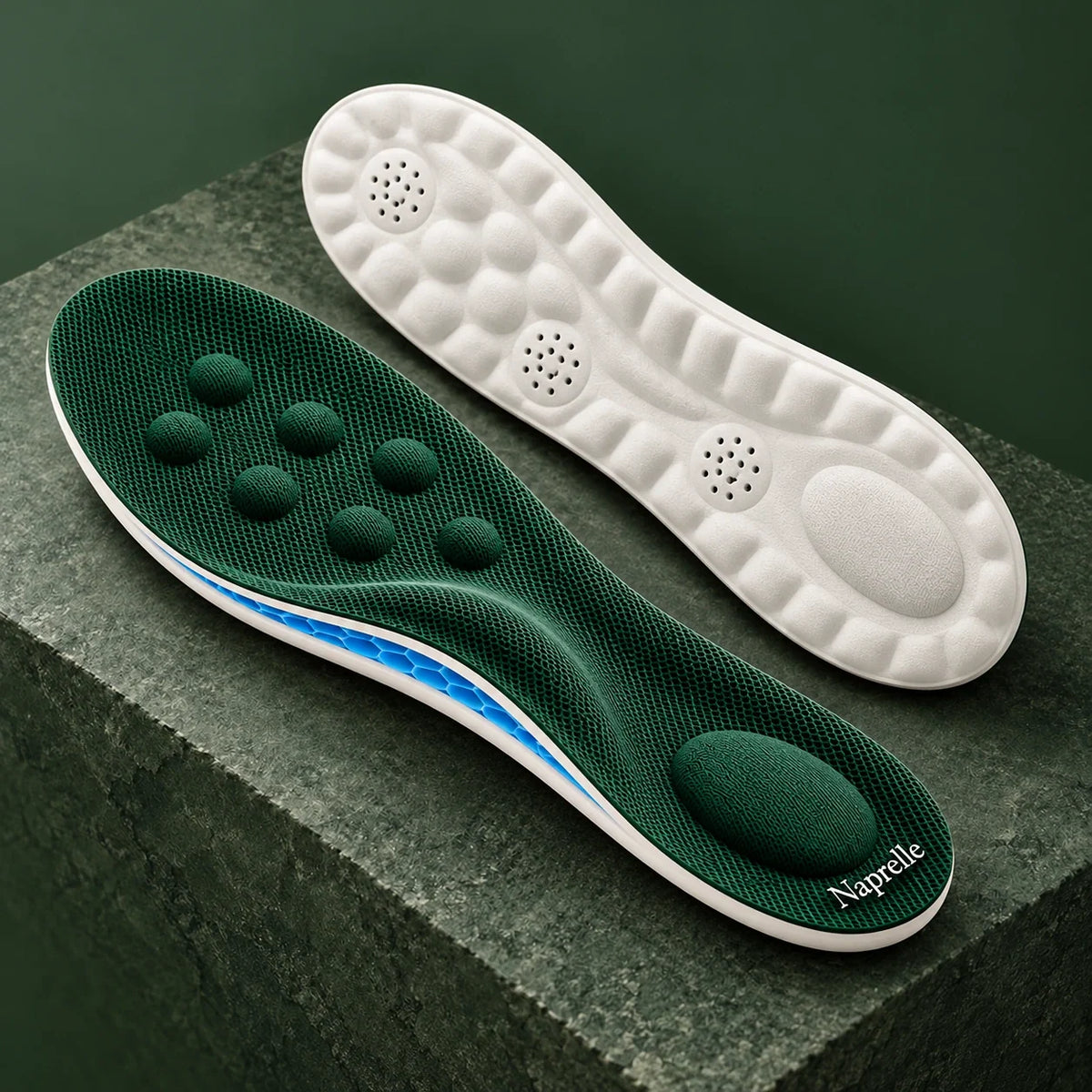 Naprelle green insoles on a pedestal, showing the mesh top and white cushion base