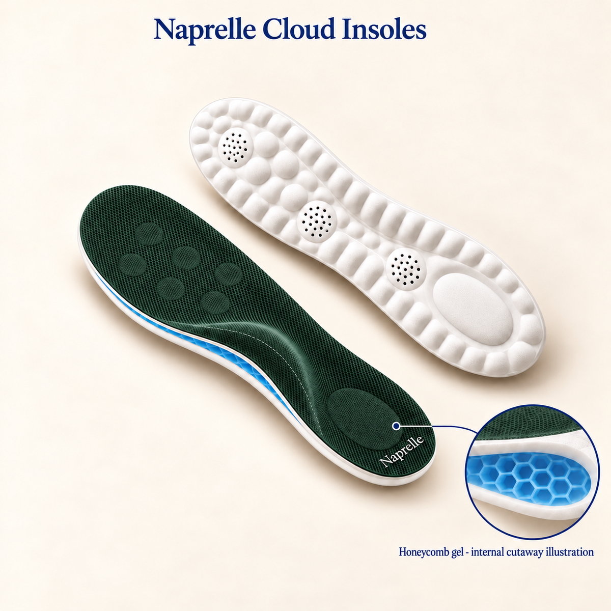Naprelle green insoles on a pedestal, showing the mesh top and white cushion base