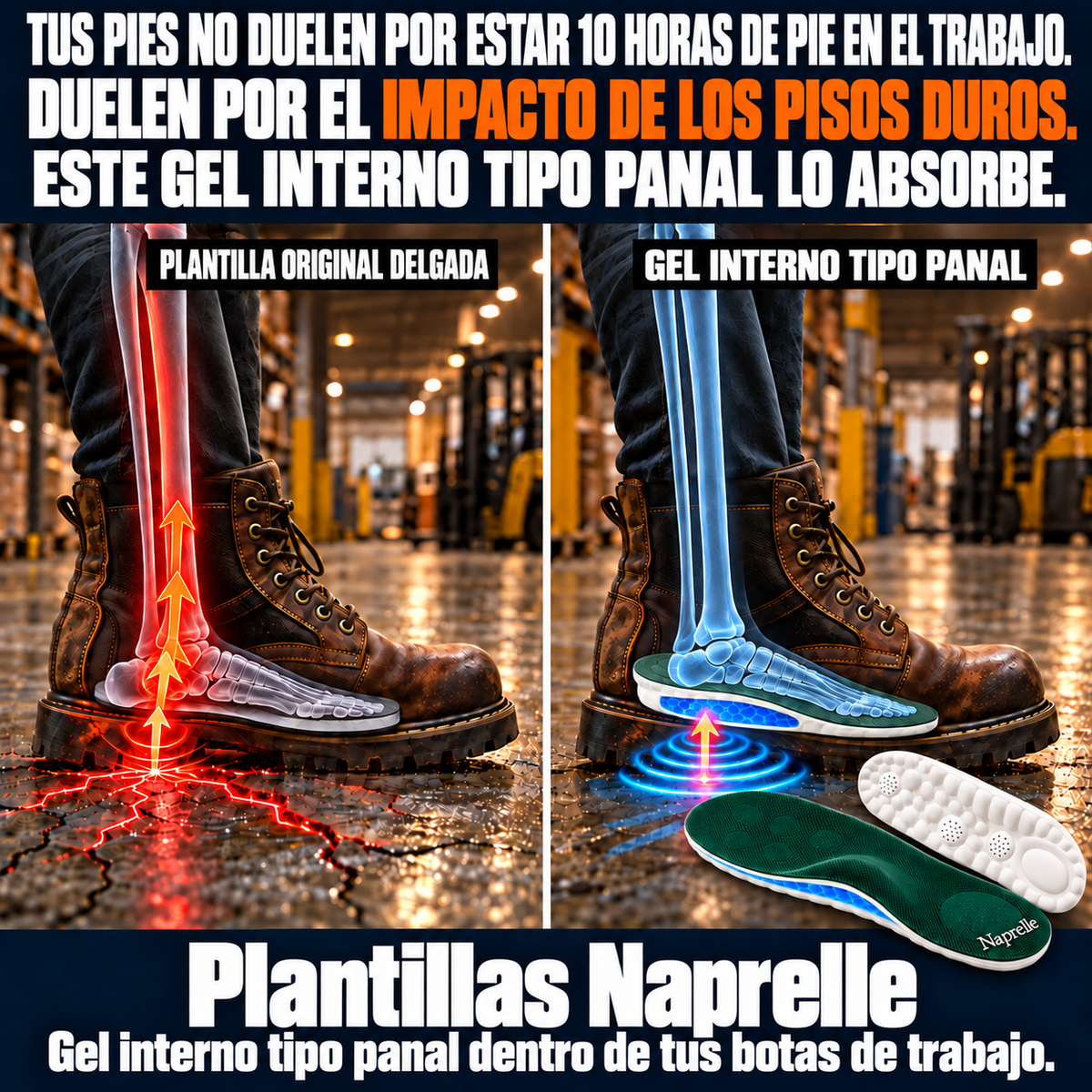 Seis características de Naprelle: soporte del arco, puntos de masaje, ventilación, amortiguación, copa de talón y bordes recortables