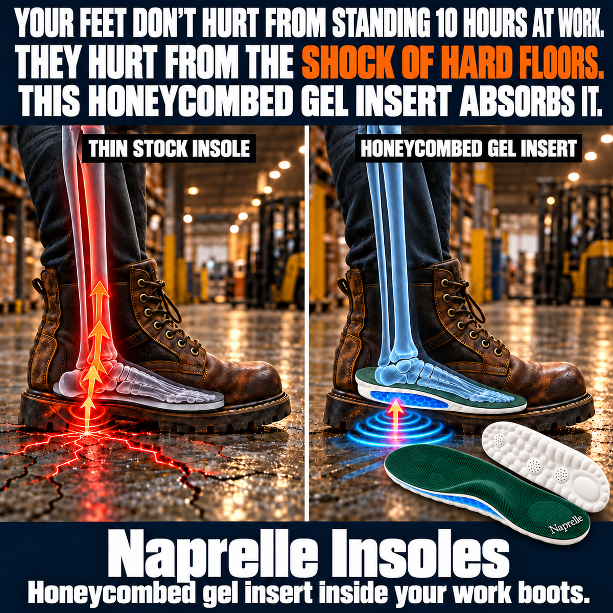 Six Naprelle features: arch support, massage nodes, vents, cushioning, heel cup and trim-to-fit edges