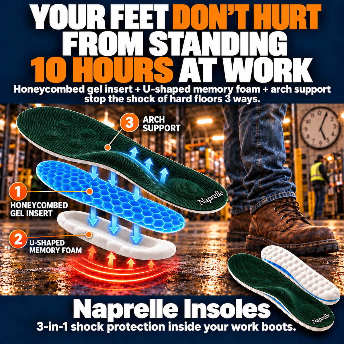 Slim branded Naprelle insole with raised arch support, blue honeycomb gel in the middle and a thin white memory foam base.