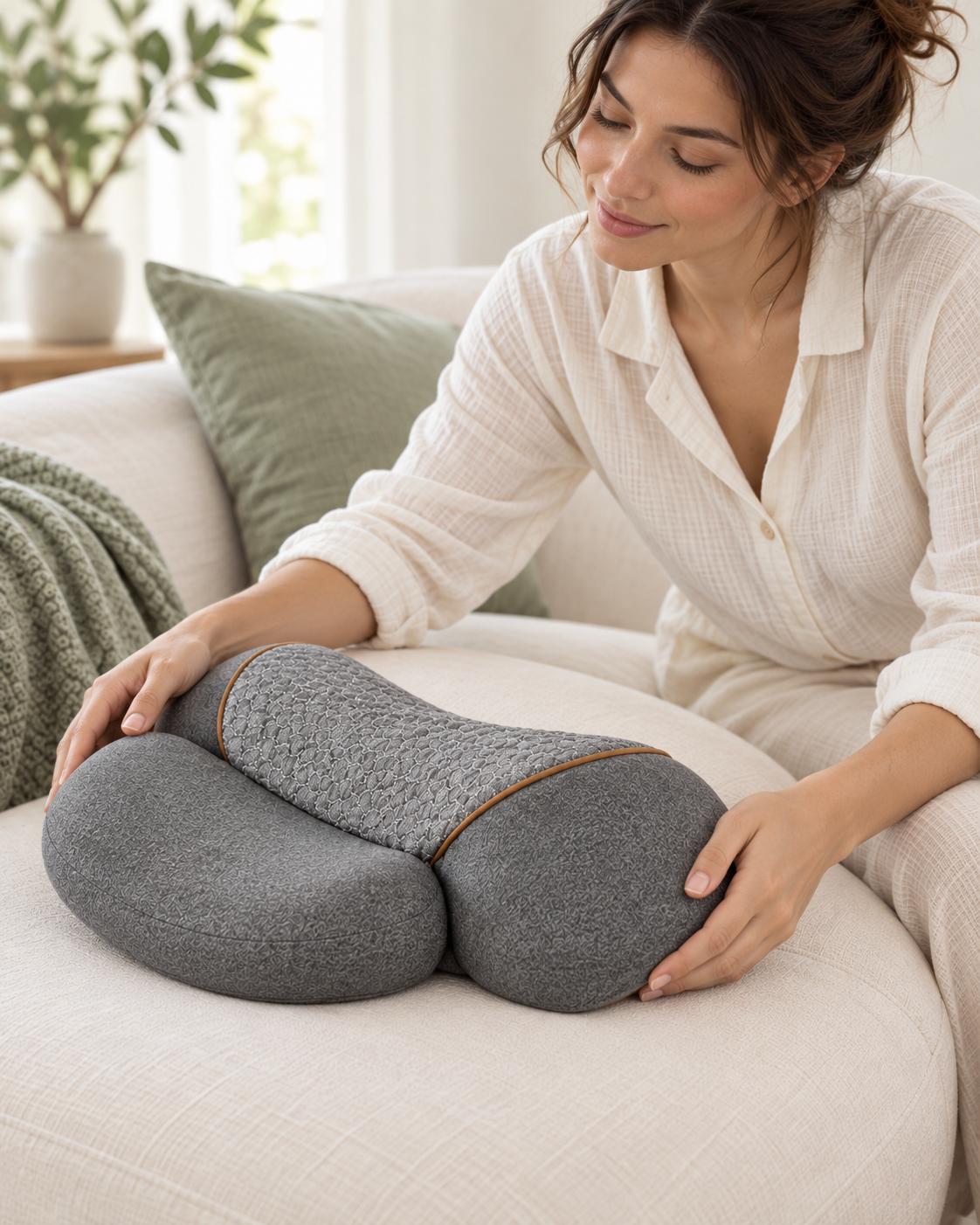 A mother places the MamaEase neck pillow beside her resting spot.