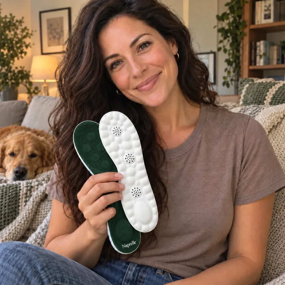 AI-generated promotional model holding Naprelle Cloud Insoles: dog owner.
