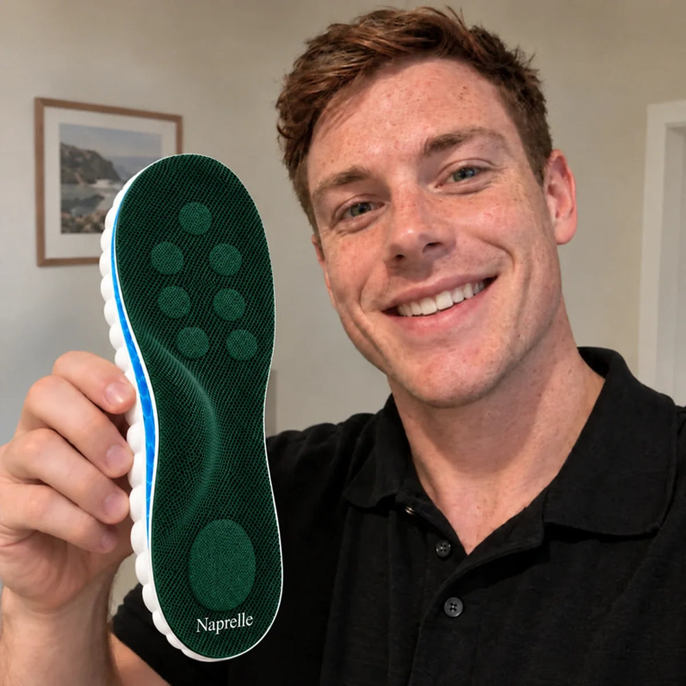 AI-generated promotional model holding Naprelle Cloud Insoles: hospitality worker.