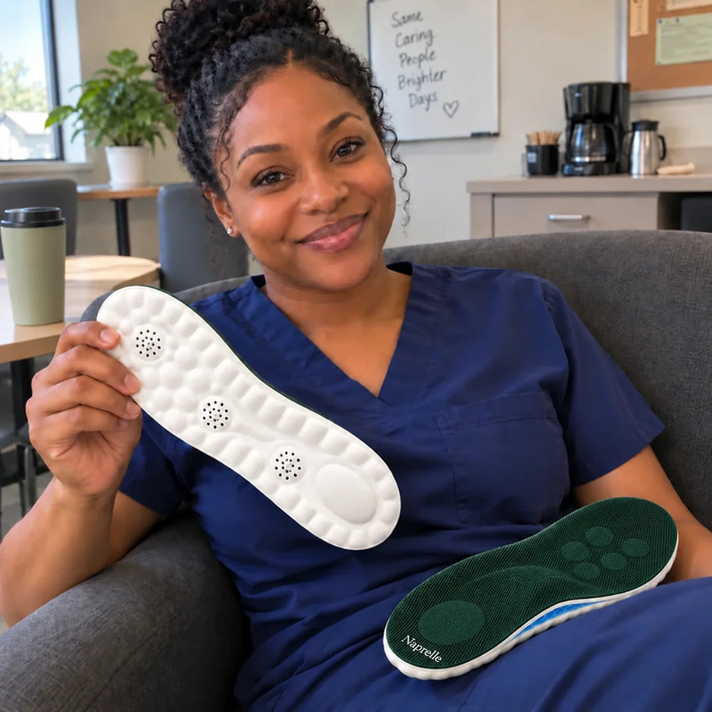 AI-generated promotional model holding Naprelle Cloud Insoles: hospital nurse.