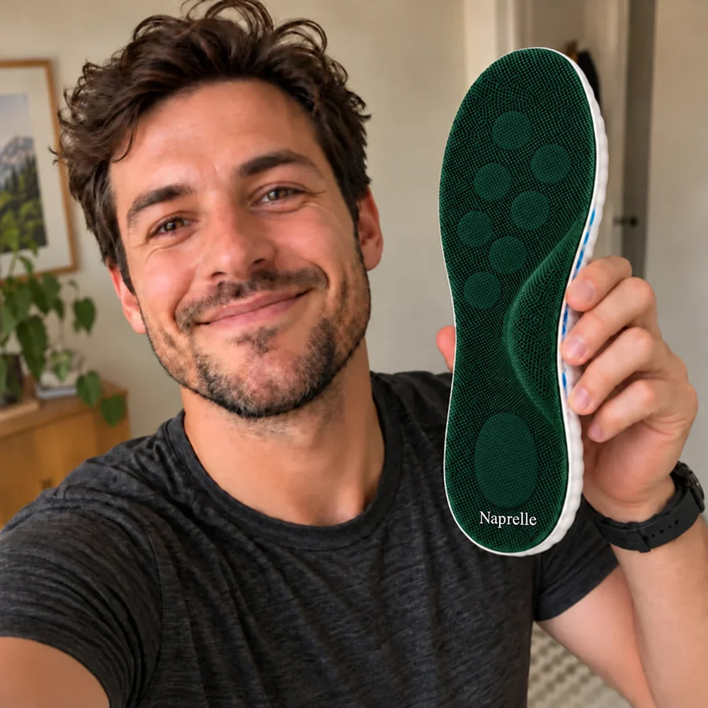AI-generated promotional model holding Naprelle Cloud Insoles: active runner.