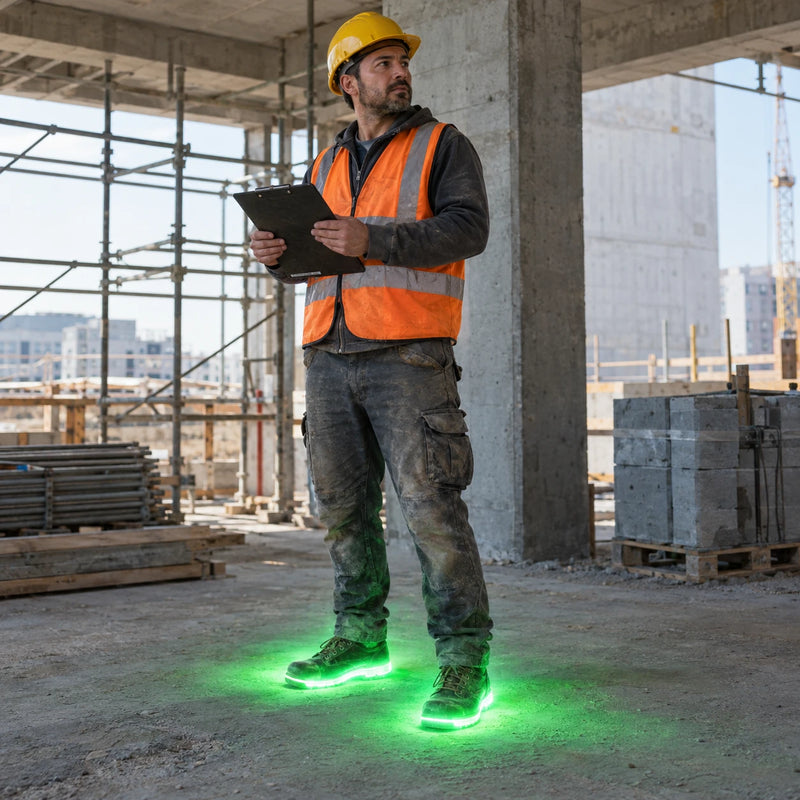 A construction worker wearing a yellow hard hat, muted orange high-vis safety vest, dusty work pants and work boots, holding a clipboard in an unfinished concrete building with scaffolding.