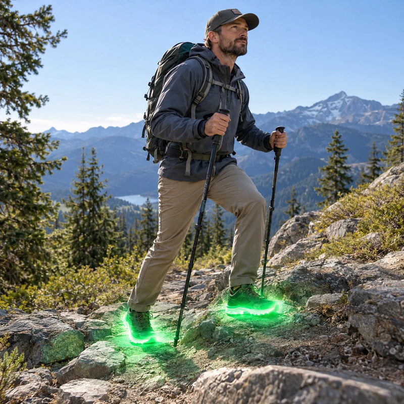 A hiker in a slate jacket and tan pants, wearing a backpack and cap, using trekking poles while stepping up a rocky mountain trail with pines, distant peaks and clear sky.
