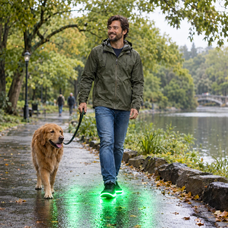 An adult man with a warm face wearing an olive rain jacket and blue jeans, walking a golden retriever on a leash on a wet paved path through a leafy green park, pond nearby, distant walkers.