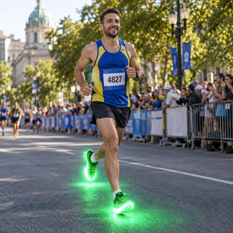A smiling marathon runner wearing a blue-yellow race singlet and bib on a city street race, distant crowds behind barriers, dynamic natural running stride, subtle deep-green light trail swoops behind the shoes.