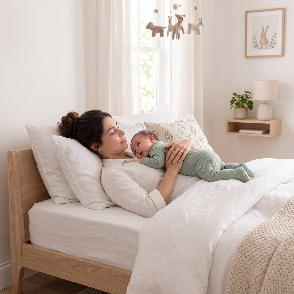 A mother and baby share a quiet moment while reclining against pillows on a bed.