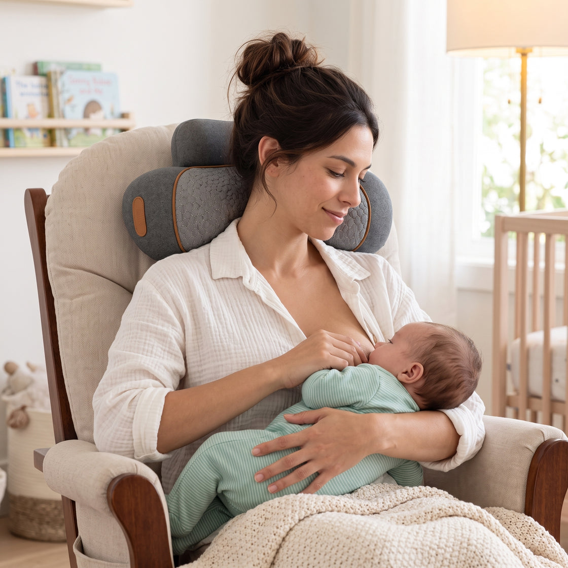 A mother holds her baby close with MamaEase positioned behind her neck.