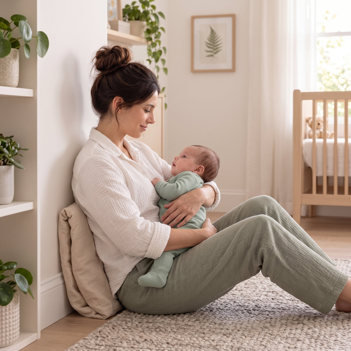 A mother sits against cushions on the nursery floor while holding her baby.
