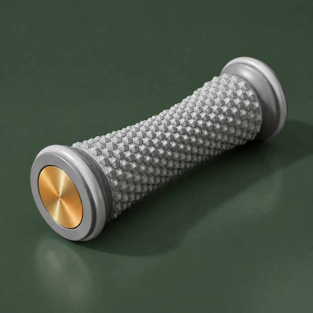 Naprelle silver-grey massage roller with gold endcaps on a forest-green background