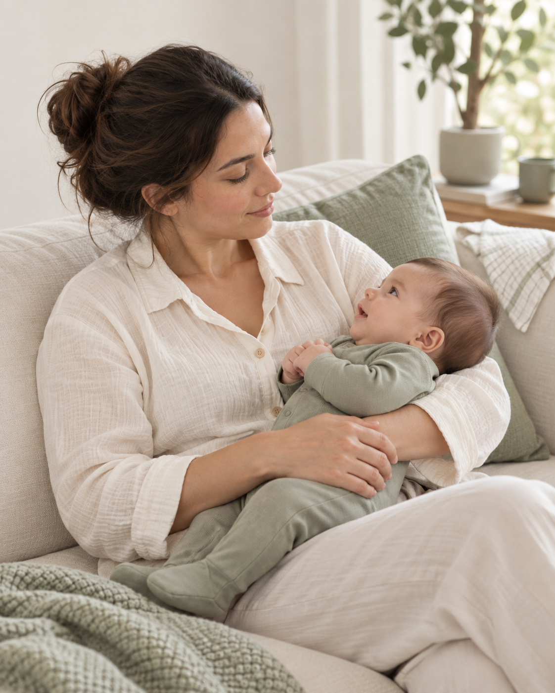 A mother holding her baby in a quiet, comfortable home