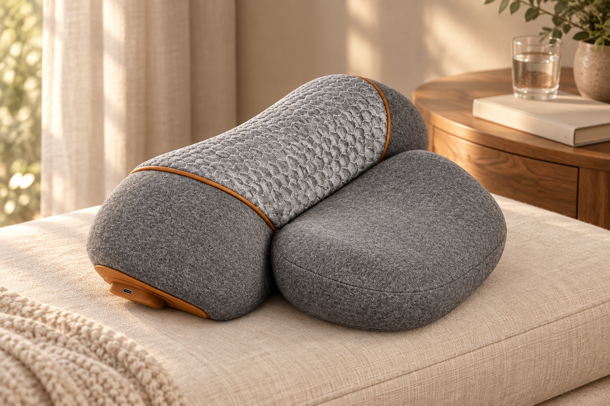 The Naprelle Let Go Pillow on an ivory linen bench beside a wooden table.