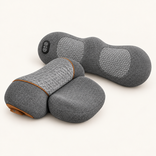 MamaEase neck pillow and back massager together in matching gray fabric
