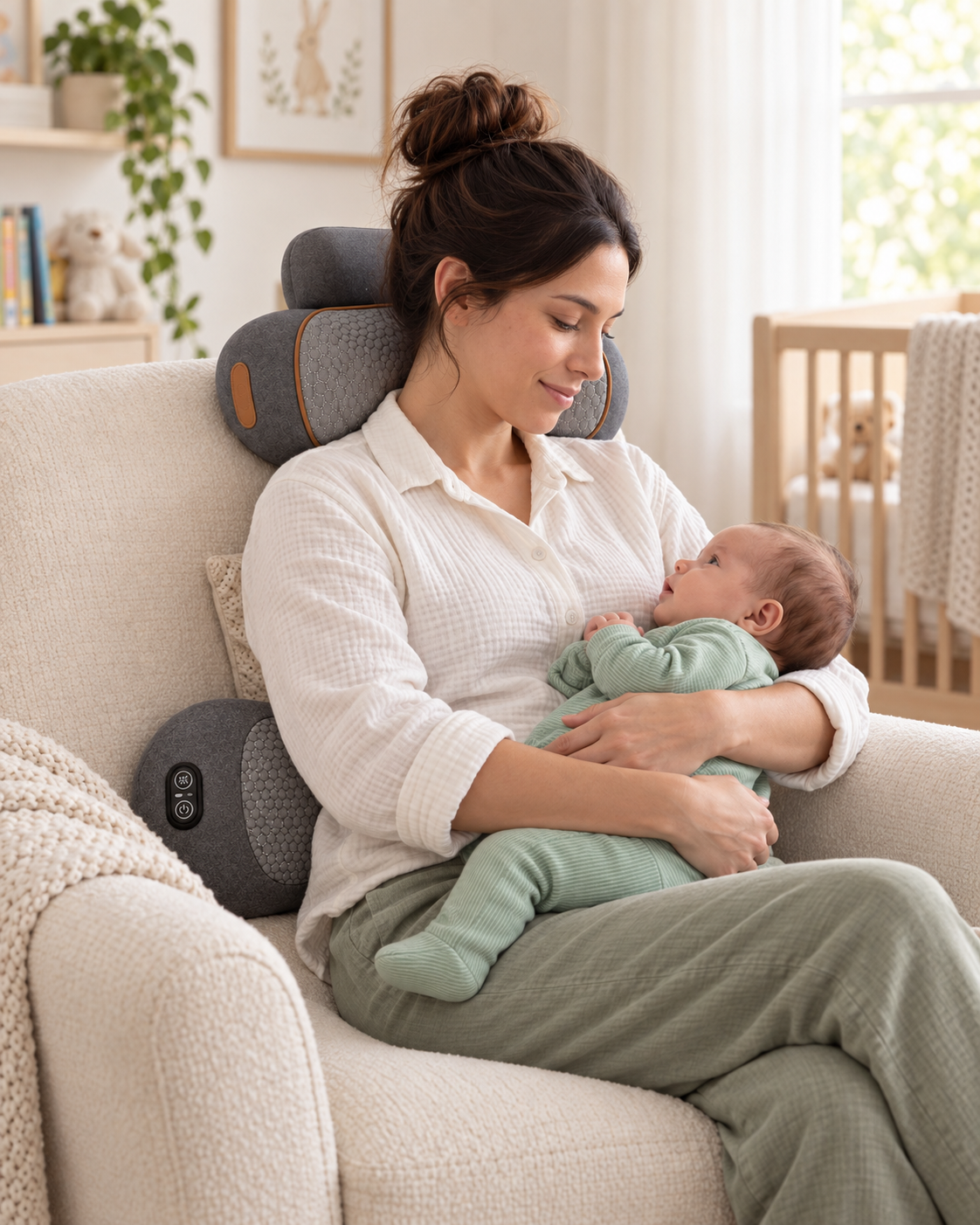 A mother cradles her baby while seated with MamaEase behind her neck and CarryEase behind her lower back.