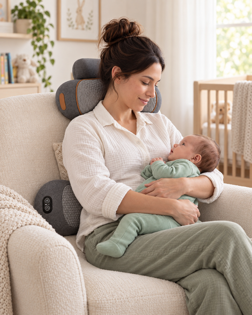 A mother cradles her baby while seated with MamaEase behind her neck and CarryEase behind her lower back.