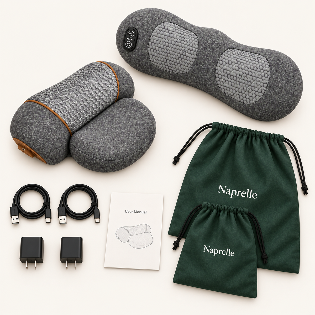 Both MamaEase devices, two cables, two adapters, two bags and the neck-pillow user manual