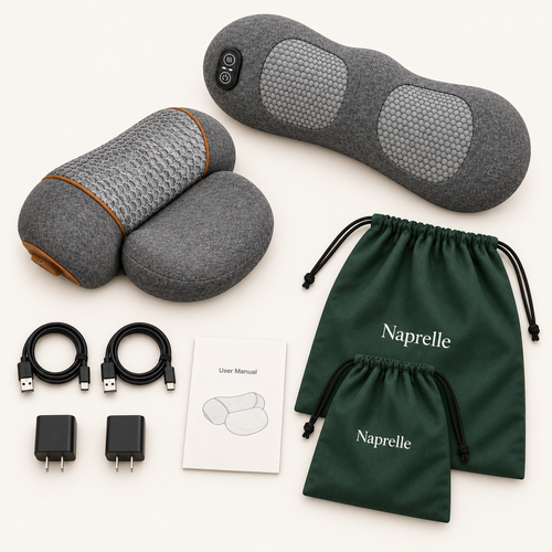 MamaEase bundle with neck pillow, back massager, two charging cables, two adapters, two drawstring bags and one neck-pillow manual.