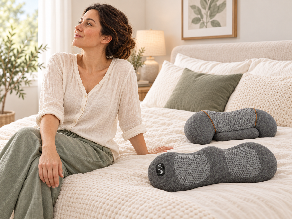 A mother sits beside her MamaEase neck pillow and back massager during a quiet moment at home.