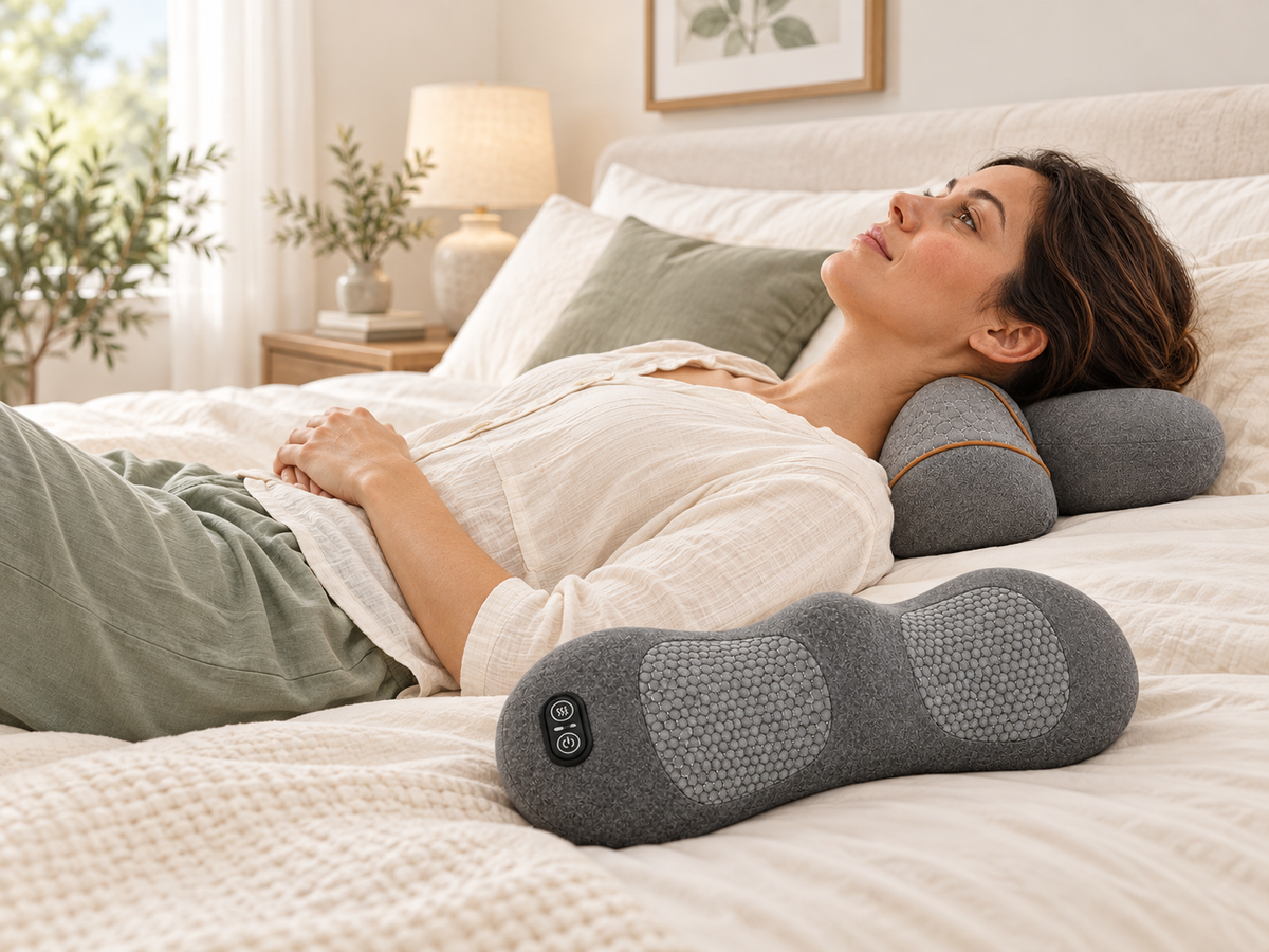 A mother rests with the MamaEase neck pillow, with the back massager beside her on an ivory bed.