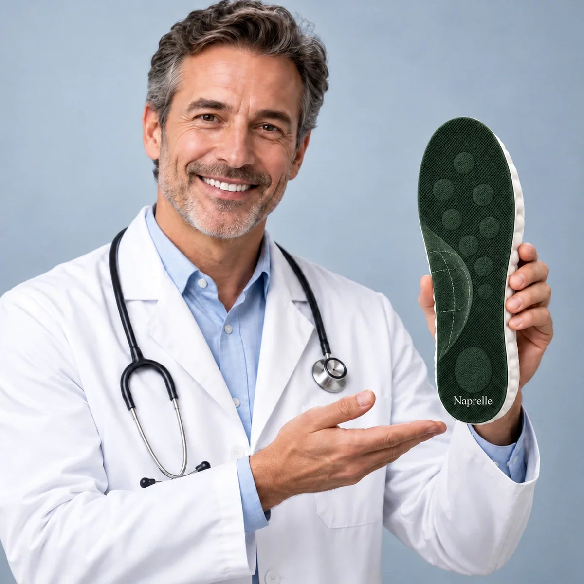 Illustrative podiatrist portrait holding a green Naprelle insole
