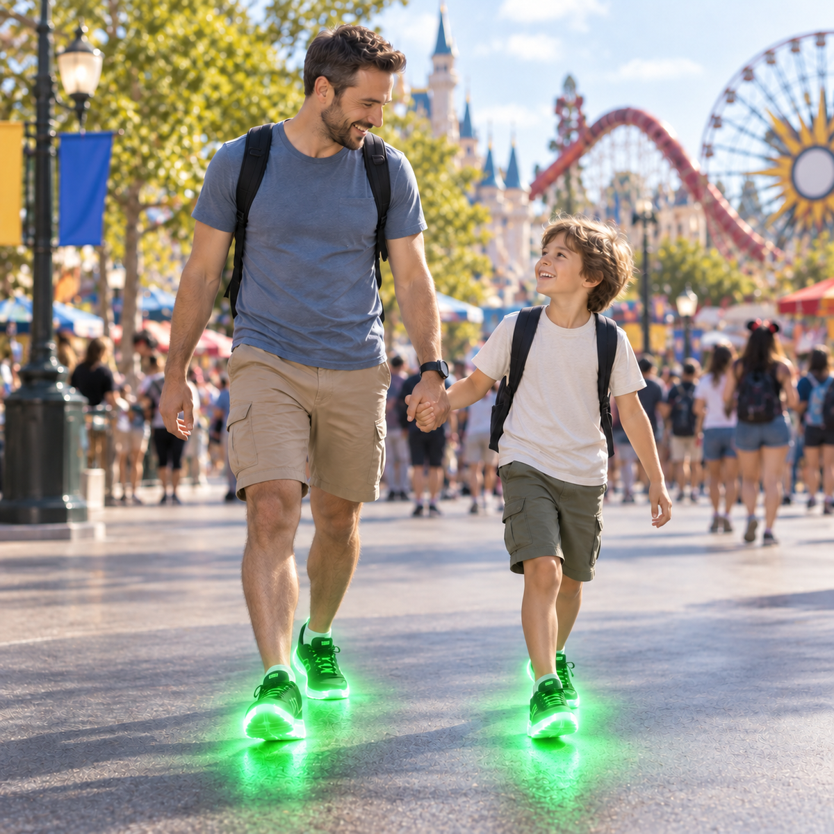 A smiling father and child walking through a sunny theme park with bright green glow around their shoes.