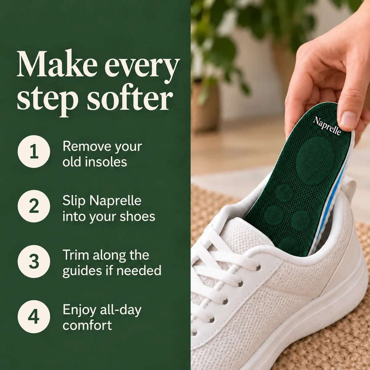 Four steps for fitting Naprelle insoles into a sneaker