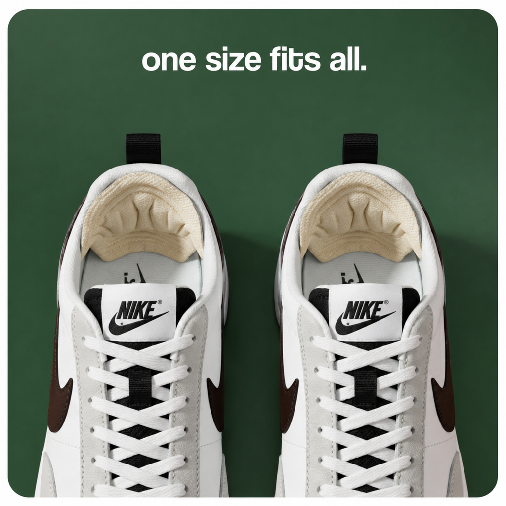 Cream heel cushion pads fitted inside two trainers on a forest-green backdrop.