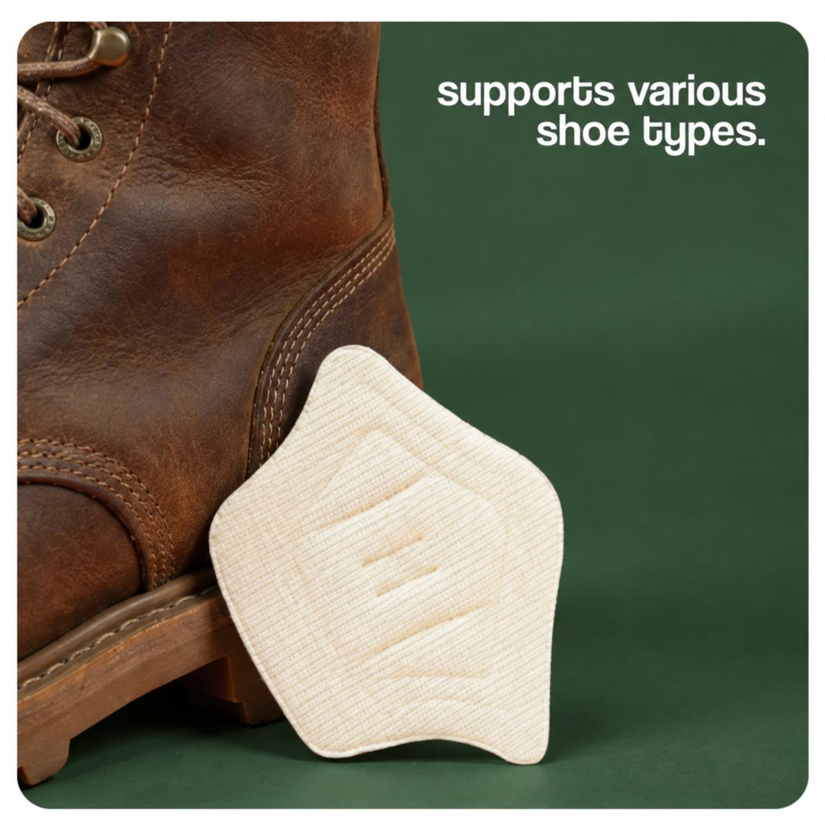 Cream heel cushion pad beside a brown leather boot on a forest-green backdrop.