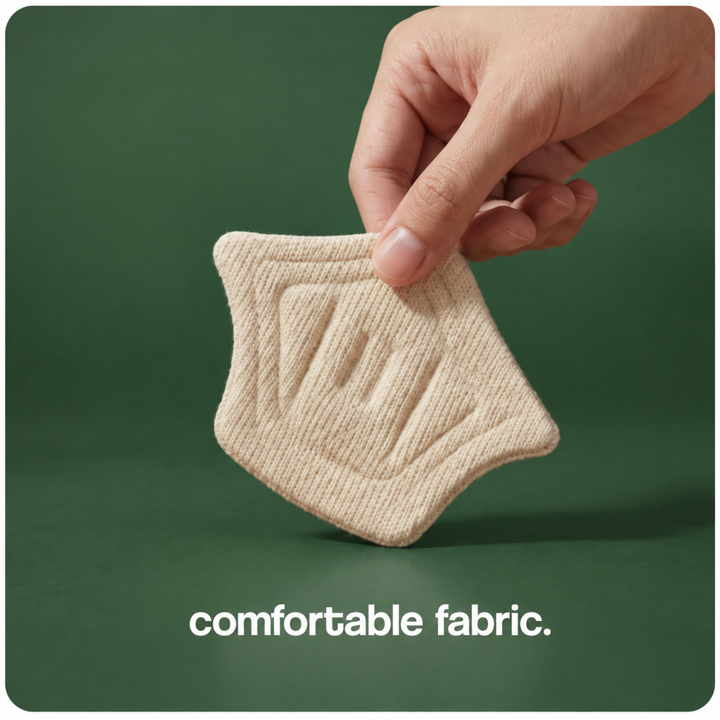 A hand holding a cream fabric heel cushion pad on a forest-green backdrop.