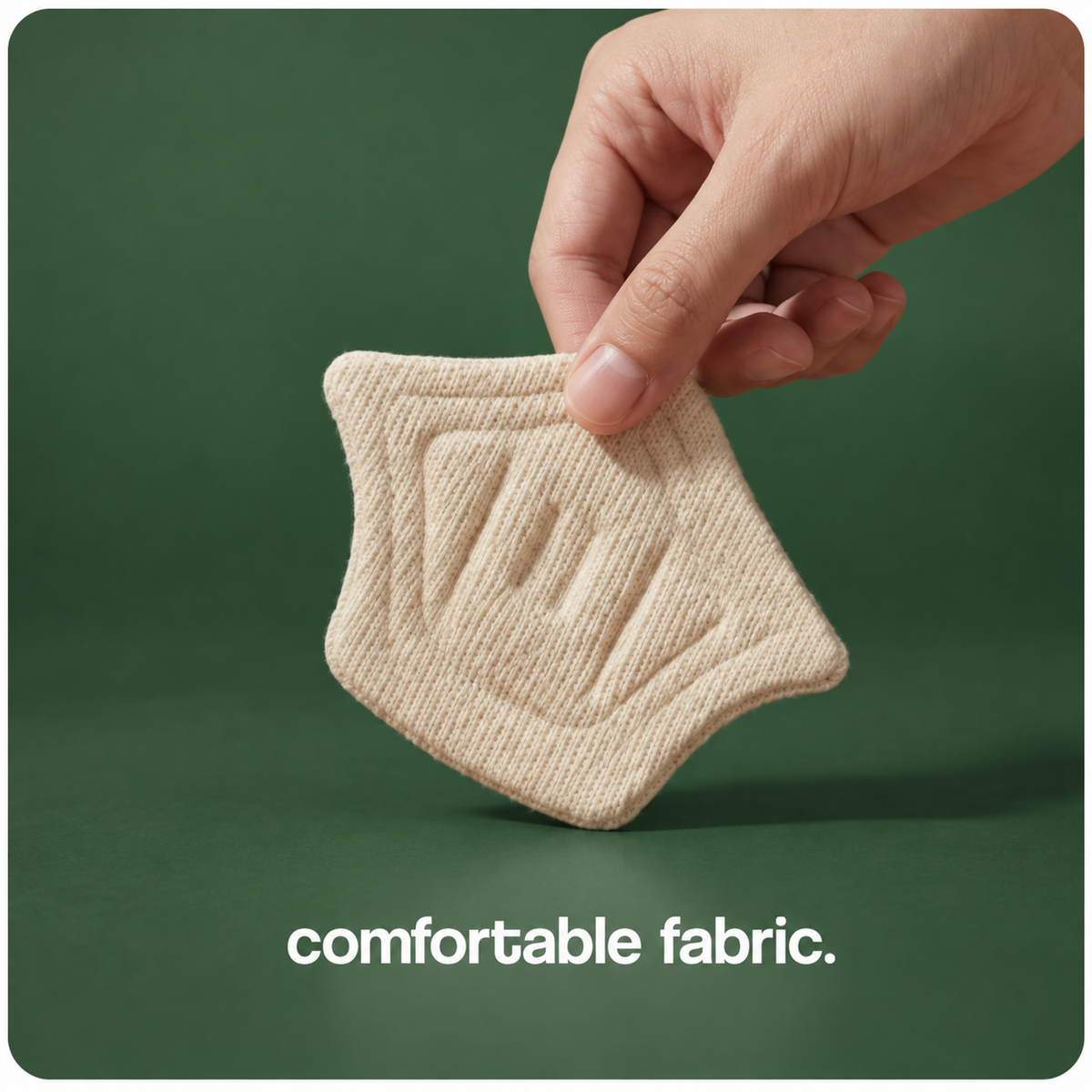 A hand holding a cream fabric heel cushion pad on a forest-green backdrop.