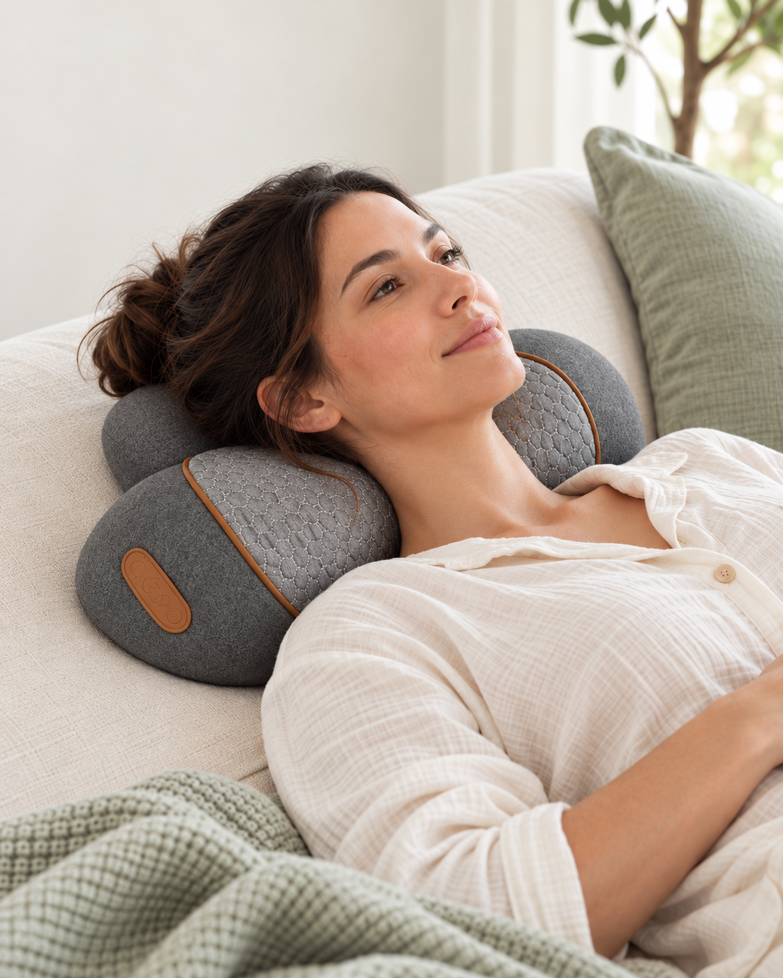A mother reclines awake with her head and neck supported by MamaEase.