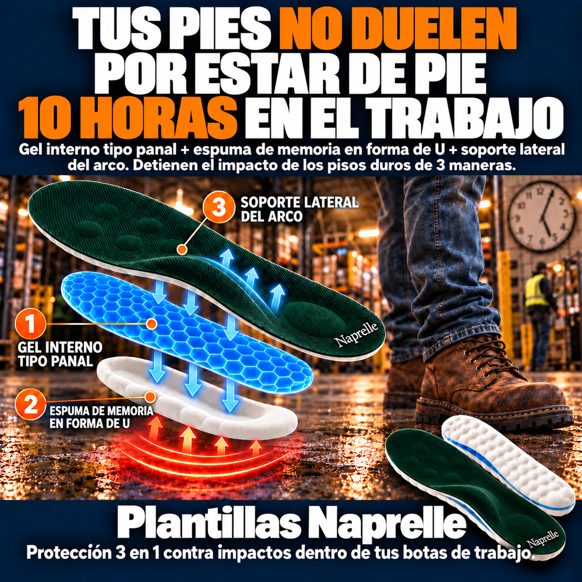Ilustración de las tres capas de Naprelle: soporte lateral del arco, espuma de memoria en forma de U y gel interno tipo panal, junto a una bota de trabajo.