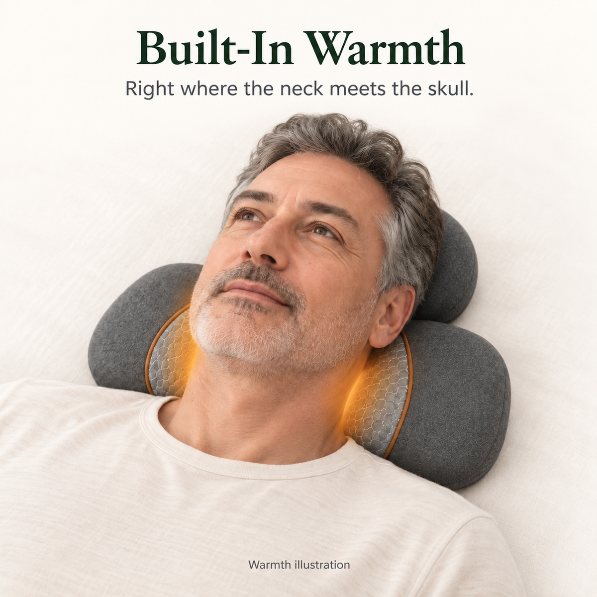 Built-In Warmth. Right where the neck meets the skull. Amber light illustrates warmth during an awake session.