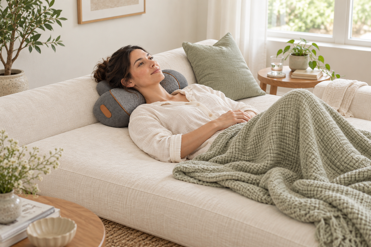 A mother rests awake on the gray MamaEase pillow in a softly lit living room.
