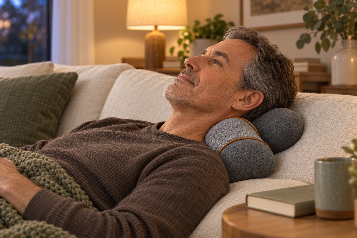 An adult man resting awake with the Naprelle Let Go Pillow supporting his neck and head.
