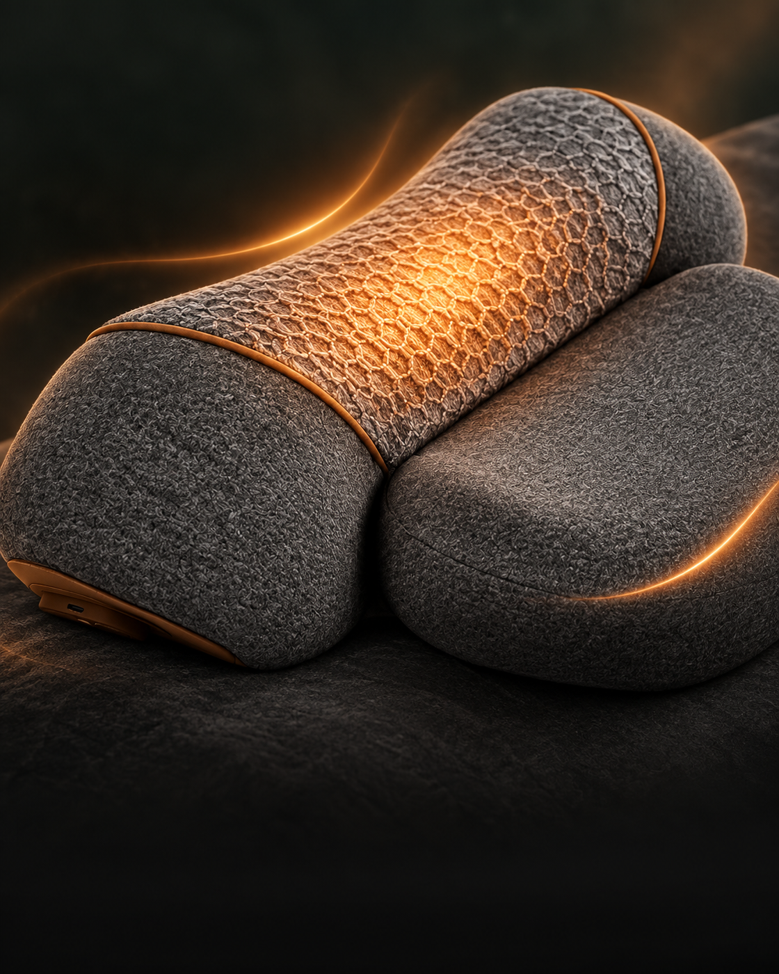 An amber glow illustrates the heating area across the gray MamaEase pillow's textured fabric.