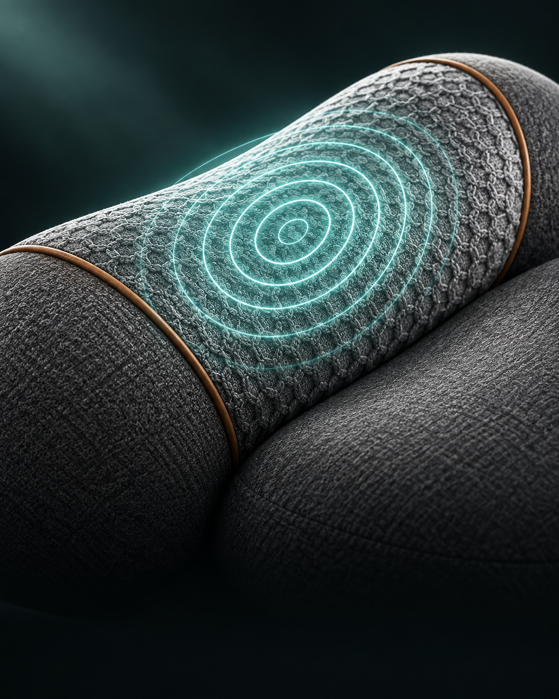 Cyan ripple lines illustrate vibration across MamaEase's gray fabric neck-contact area.