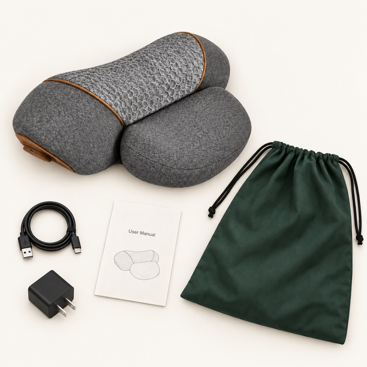 The gray MamaEase pillow with a USB-C charging cable, power adapter, user manual and drawstring bag.