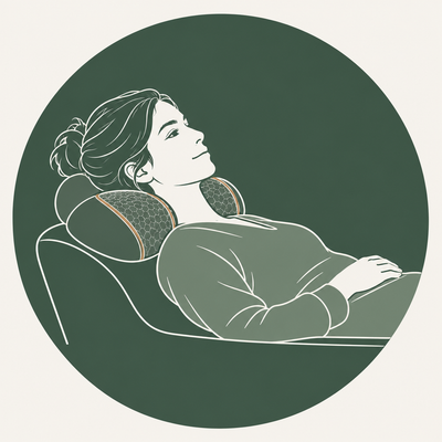 Illustration of a mother resting awake on the gray pillow during her own break.