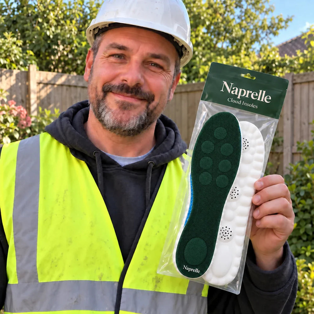 AI-generated promotional model holding Naprelle Cloud Insoles: construction worker.