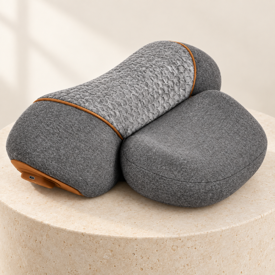 Naprelle Let Go Pillow: gray contoured neck roll with head cradle and tan trim.