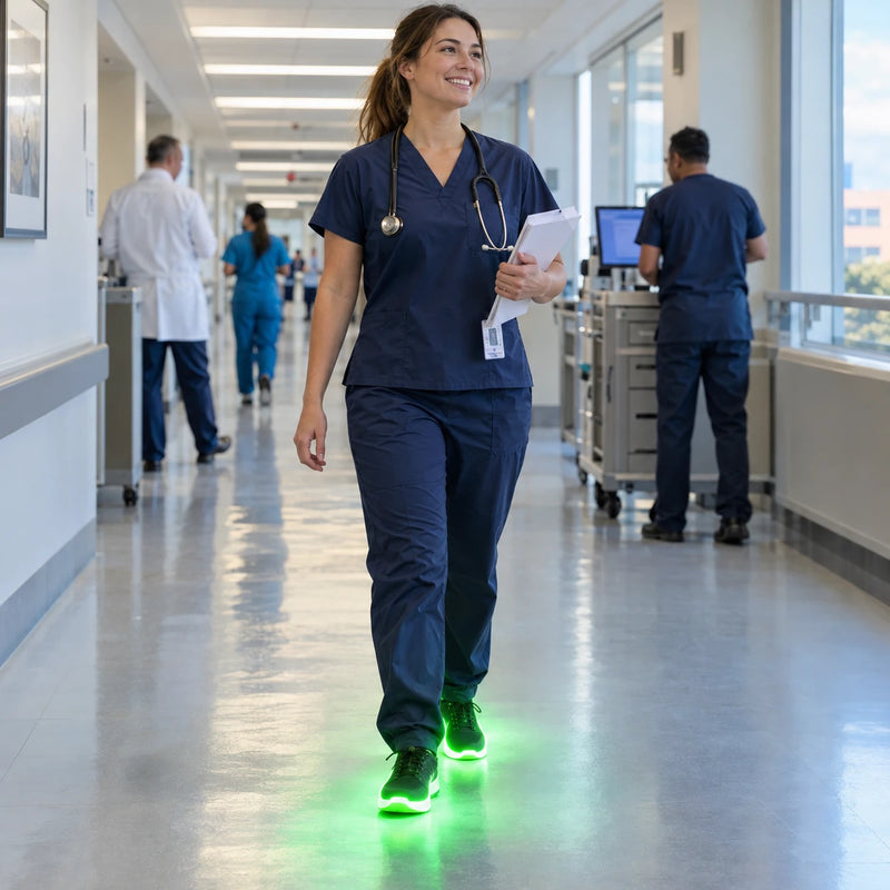 A smiling adult nurse wearing navy scrubs and dark plain sneakers, walking down a bright hospital corridor with papers in one hand, distant medical staff.