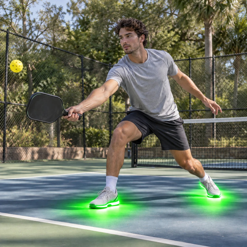 A young adult man in a pale gray athletic shirt and dark shorts lunging to play pickleball, unbranded paddle in hand, yellow ball airborne, outdoor fenced court and leafy trees.